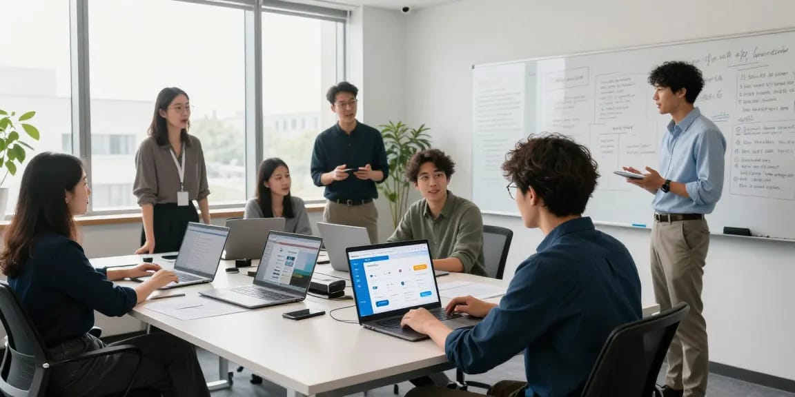 Collaborative team developing 纸飞机中文版 app features in a modern office.