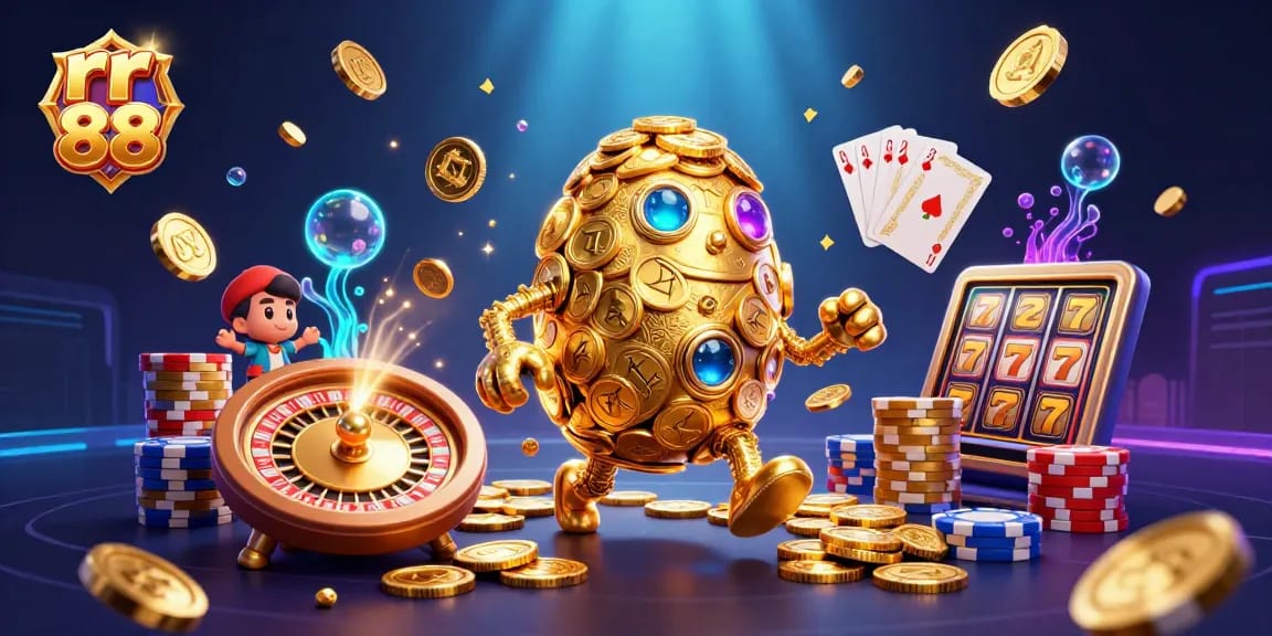 Spin the reels with rr 88's vibrant casino scene featuring golden golems and roulette wheels.