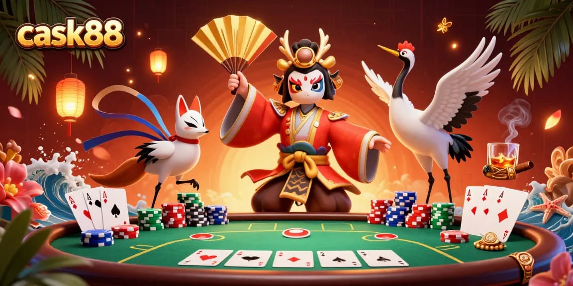Experience thrilling poker excitement at cask88 with a vibrant illustration of kabuki warrior characters.