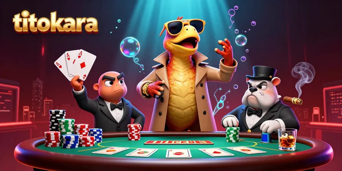 Raptors in disguise strategizing their VIP entry at titokara casino with poker elements all around.