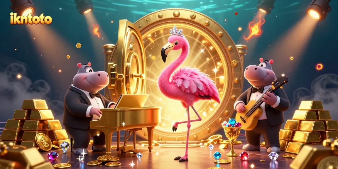 Experience excitement at ikntoto with a vibrant 3D casino scene featuring a flamingo singer and dynamic elements.