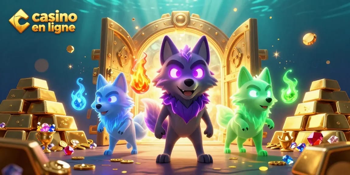 Gagnez des crédits au casino en ligne avec des personnages de loup spectre entourés de richesses scintillantes.
