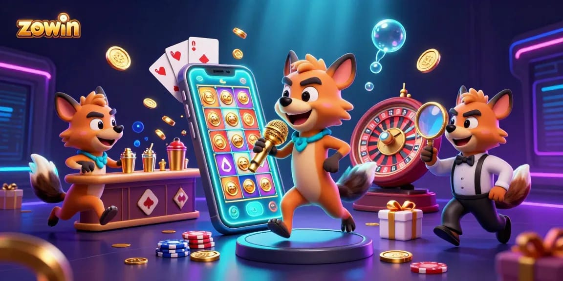 Zowin showcases hyenas entertaining in a casino club with vibrant games and engaging elements.