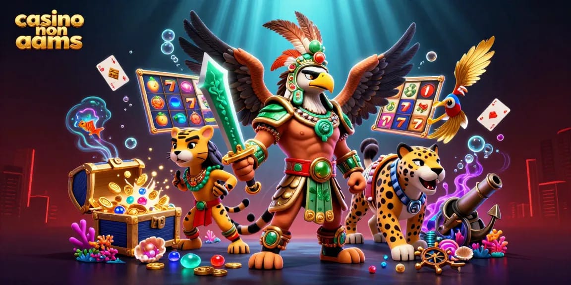 Giocatori entusiasti nei casino non AAMS esplorano slot vibranti in un'illustrazione dinamica.