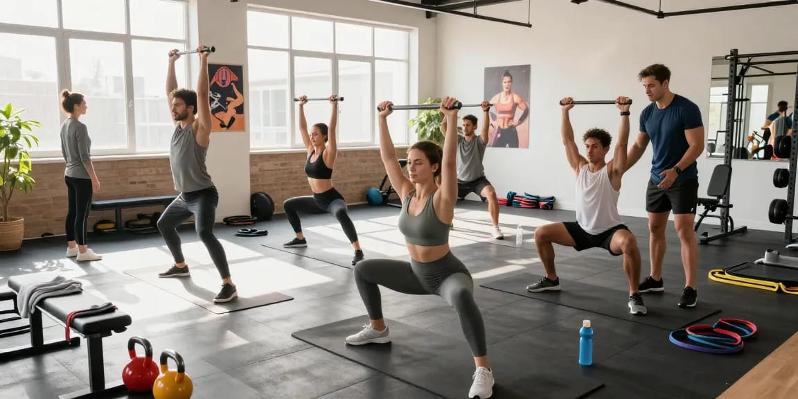 Des athlètes à la Boutique de Stéroïdes, entraînement dans une salle de sport moderne, énergie et motivation.