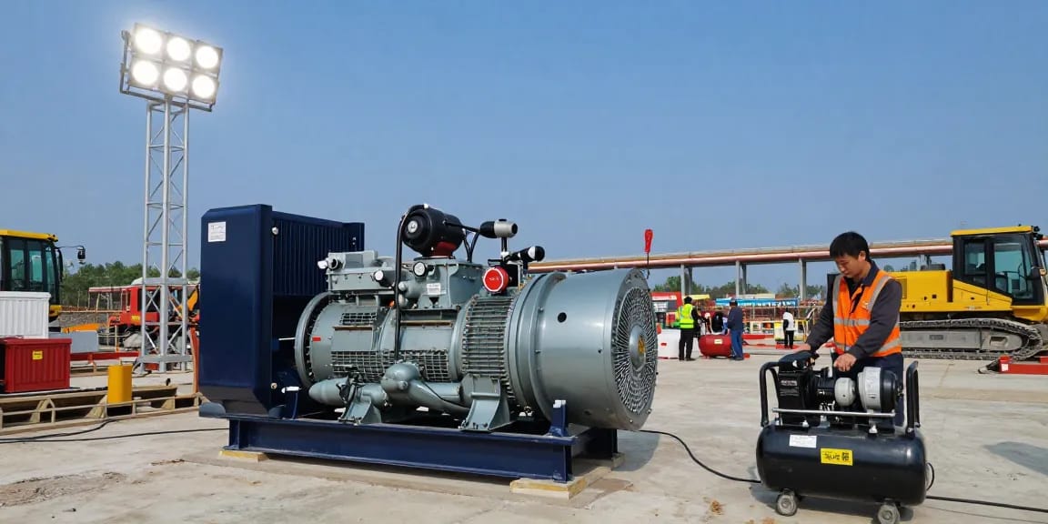 Technician operating a gas generator and portable air compressor at a construction site, showcasing energy efficiency.