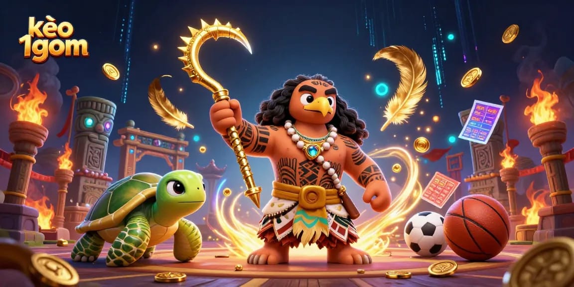 Place bets with kèo 1gom while enjoying a vibrant 3D sports betting scene featuring characters and dynamic game elements.