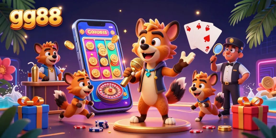 Engage in vibrant casino action at GG88 with hyenas hosting lively games, showcasing fun gaming elements and rich details.