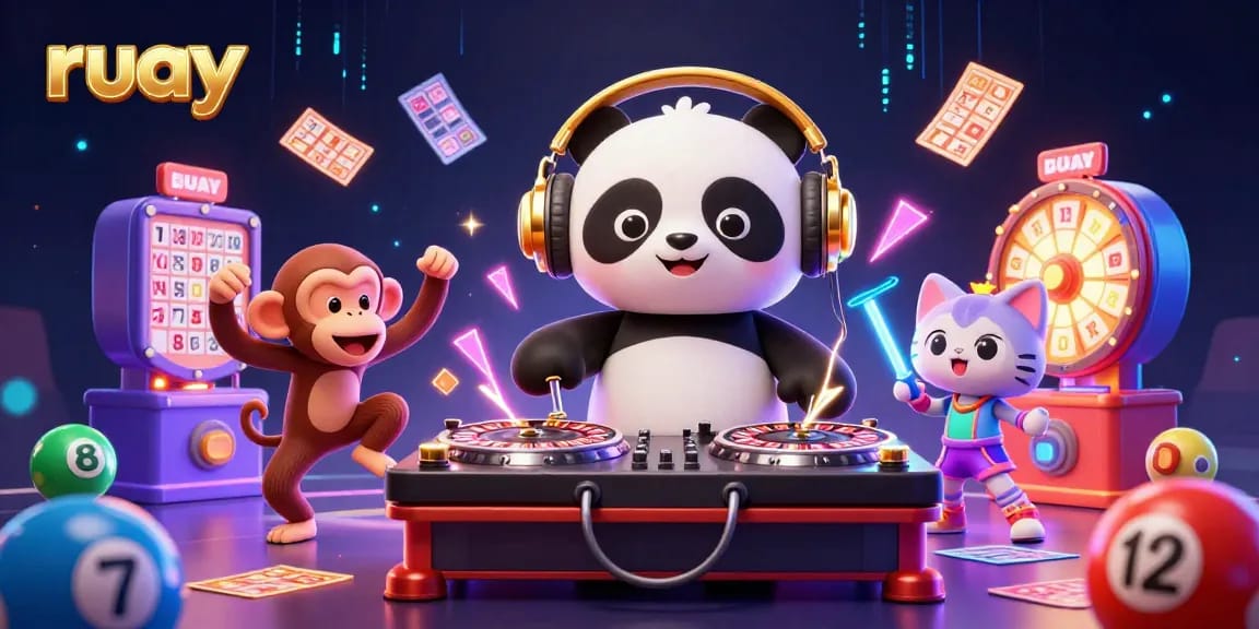 สนุกสนานกับความตื่นเต้นของลอตเตอรี่ ruay ผ่านภาพที่มี DJ แพนด้าและตัวละครที่กำลังเต้นรำ