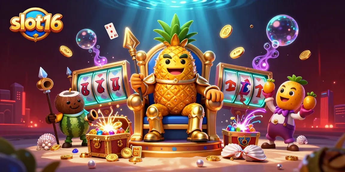 Engage with slot16's thrilling beach casino scene packed with vibrant 3D characters and gaming elements.