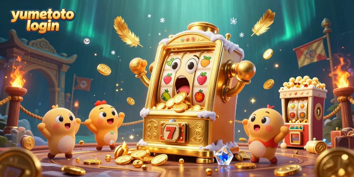 Login Yumetoto dengan slot machine emas yang mendapatkan jackpot, dikelilingi koin dan simbol