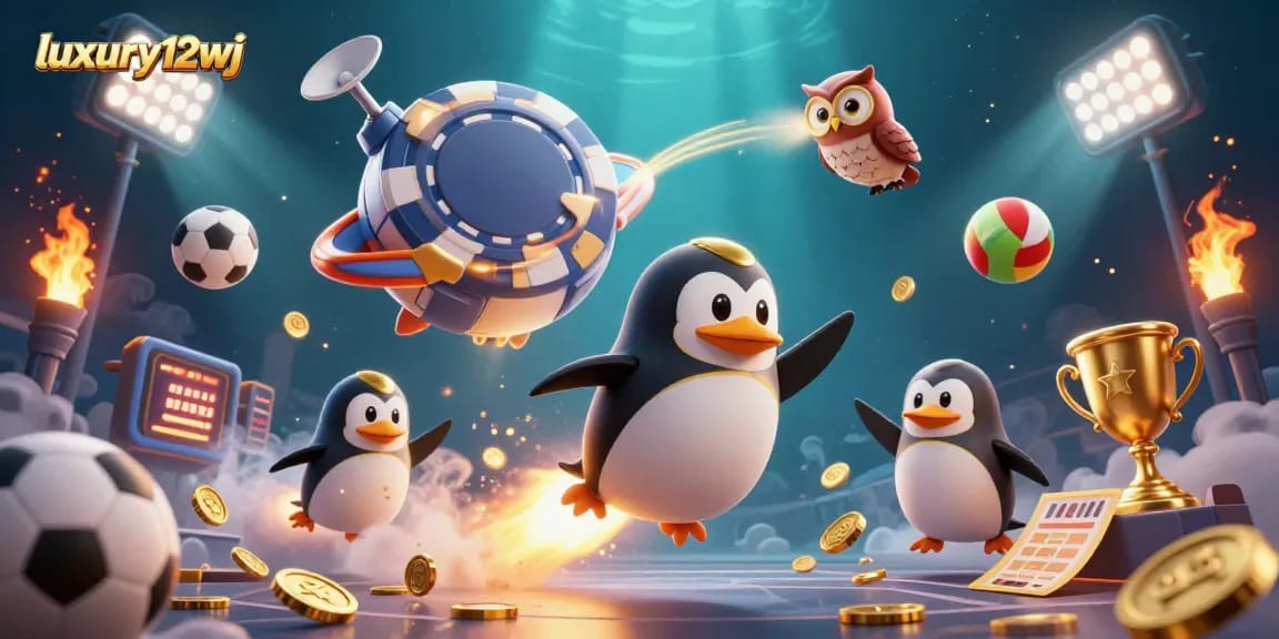 Experience the excitement of luxury12wj as a golden penguin launches into a casino-themed space adventure.