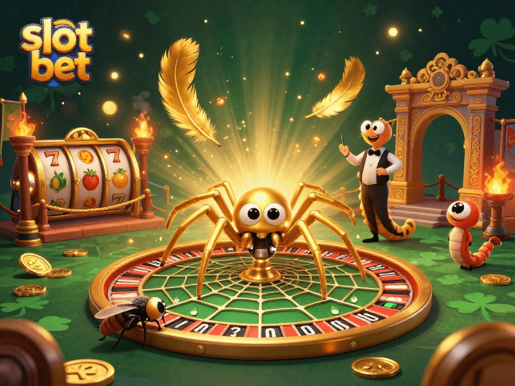 Taruhan slot bet di dalam ilustrasi 3D yang cerah dan menarik dengan karakter yang berinteraksi.