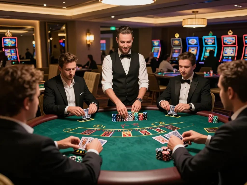 Engaged players at https://five88.miami/ enjoying a thrilling blackjack game in a bright casino setting