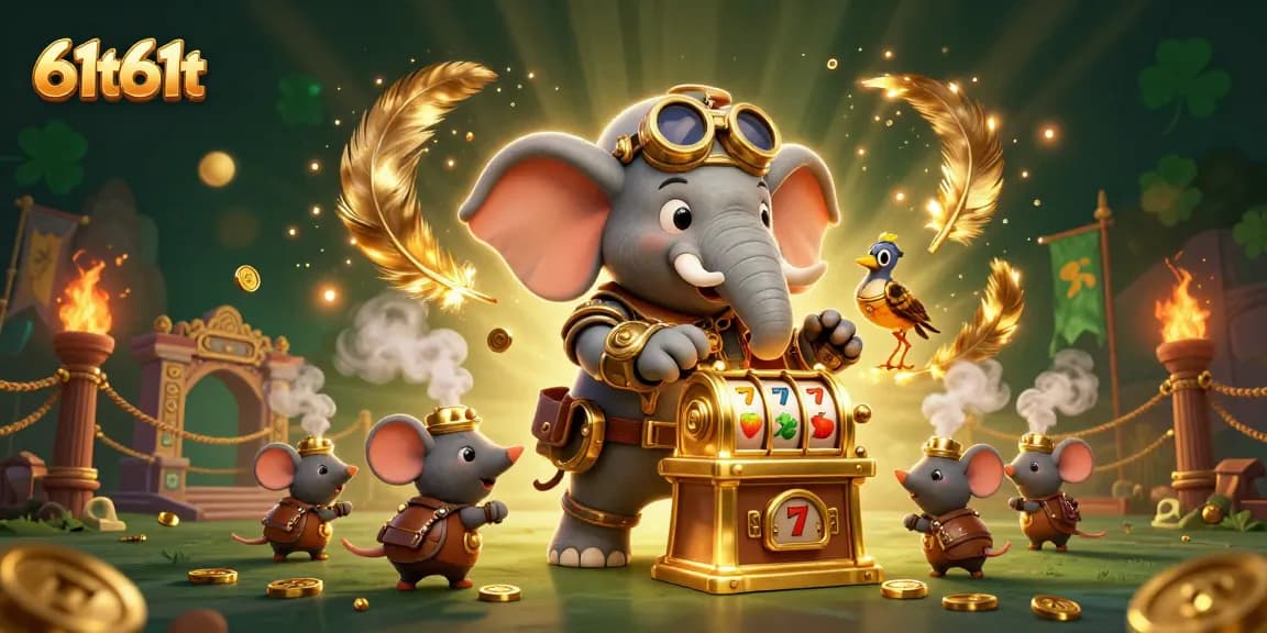O 61t61t revela um elefante engenheiro em um cassino steampunk, acionando uma máquina caça-níqueis dourada.