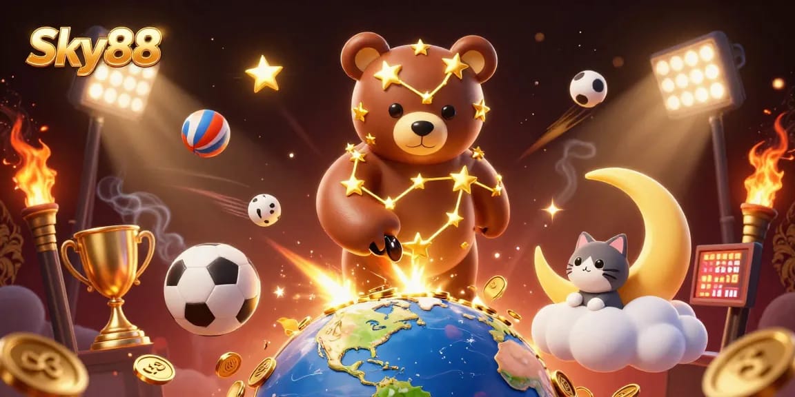 Sky88 gamifies the night sky with a golden constellation bear and vibrant sports elements.