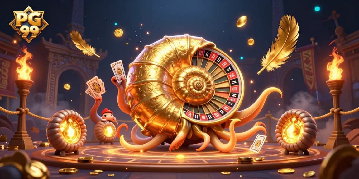 Engage with PG 99 at the vibrant casino scene featuring an ancient nautilus roulette wheel.