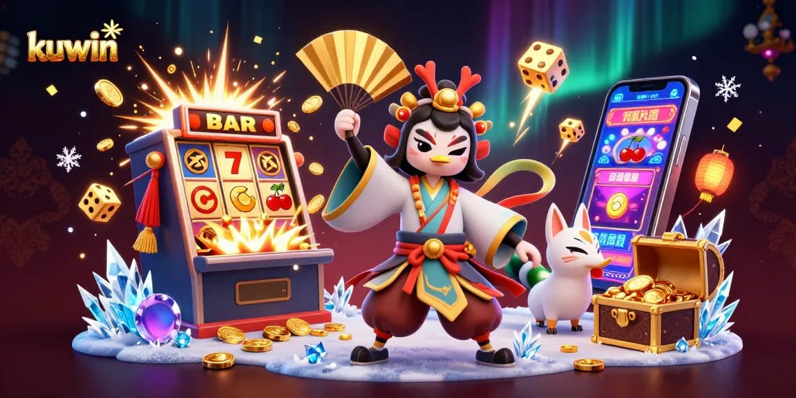 Kuwin's vibrant casino scene with 3D kabuki warrior and dynamic gaming elements.