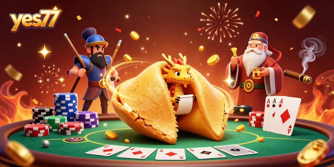 Menggoda keberuntungan dengan yes77, ilustrasi kasino ceria dan karakter menarik di sekitar meja poker.