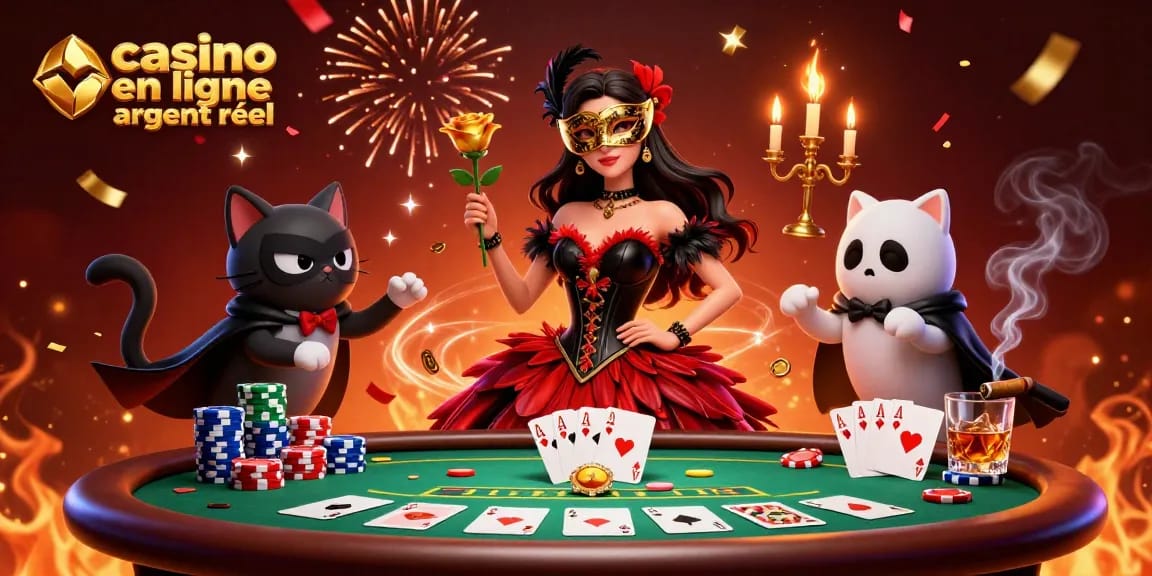 Participez à des jeux de casino en ligne argent réel captivants mettant en vedette une femme éblouissante dans une robe de masques au milieu de l'action au poker.