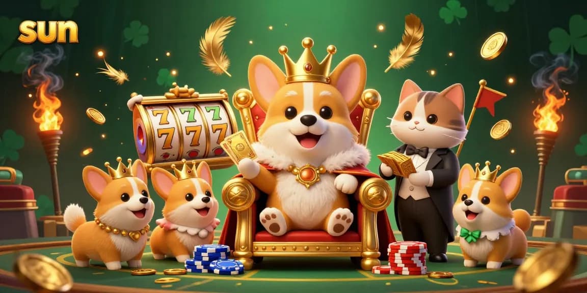 Spin the sun-themed slot with a golden corgi on a throne, surrounded by lucky tokens in a vibrant casino setting.