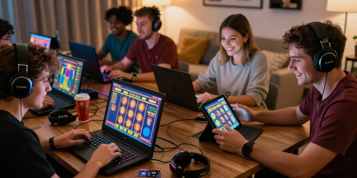 Players engaging with credit card casinos at https://chps.org.uk/ in a cozy living room, enjoying vibrant games on laptops and tablets.