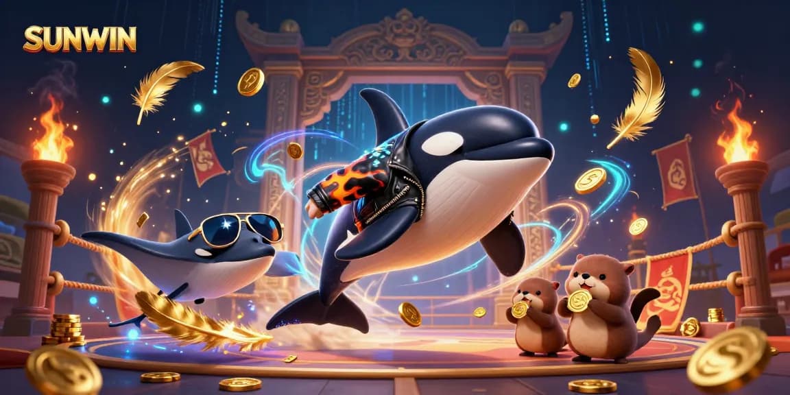 SUNWIN contests come alive with colorful orca whale, cool stingray, and otter family in a vibrant casino scene.