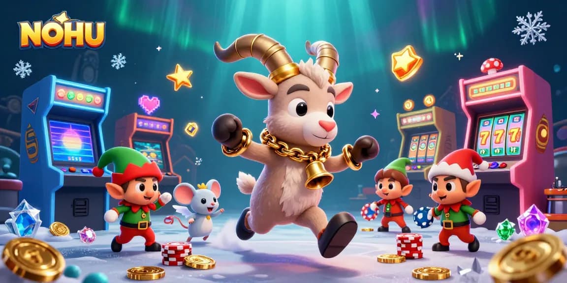 NOHU casino scene with Krampus, angels, and gremlins interacting amidst slot machines.