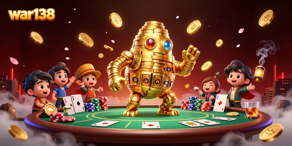 Experience thrilling wins with war138 in an exciting poker casino scene featuring golden golems and rich game elements.