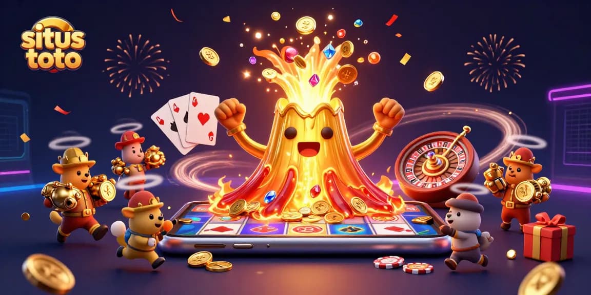 Experience situs toto with a vibrant 3D casino scene featuring a golden volcano, slot elements, and treasure.