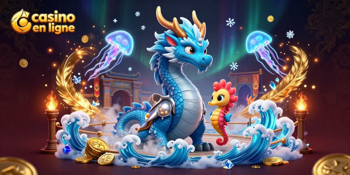 Plongez dans le monde du casino en ligne avec un dragon d’eau azur, un chevalier hippocampe et des méduses luminescentes.