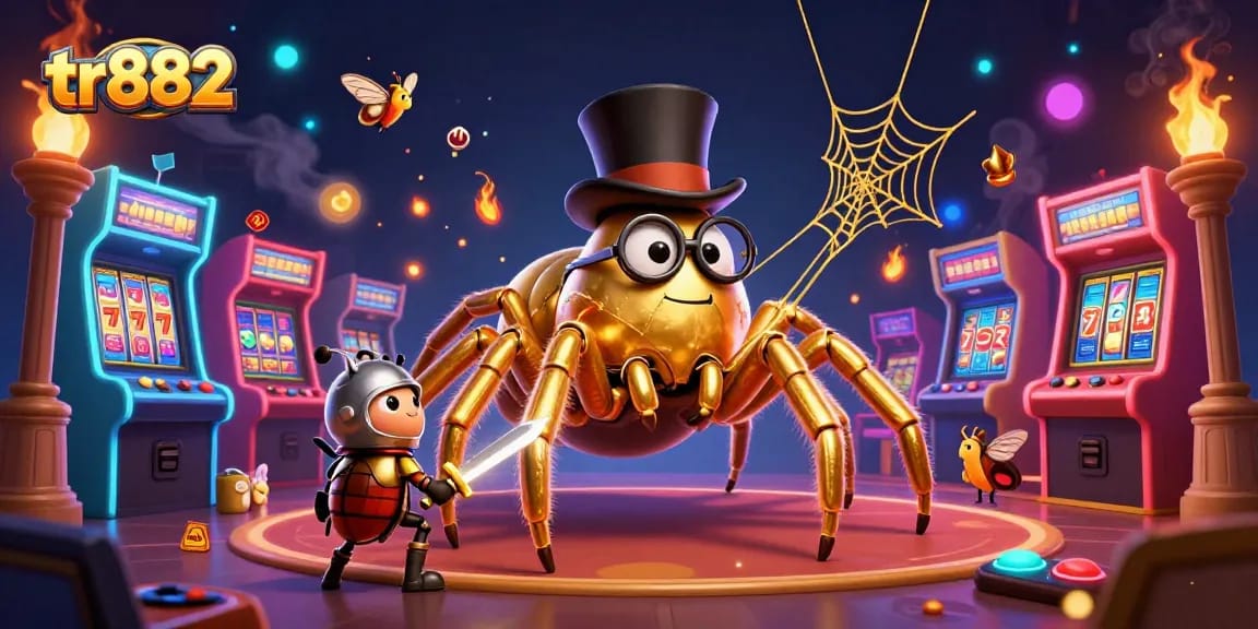 Experience the excitement of tr882 as a golden tarantula and beetle knight compete in a vibrant casino scene