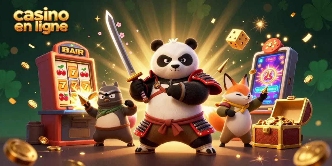 Casino en ligne dans une illustration 3D dynamique avec panda, renard et tanuki entourés de machines à sous.