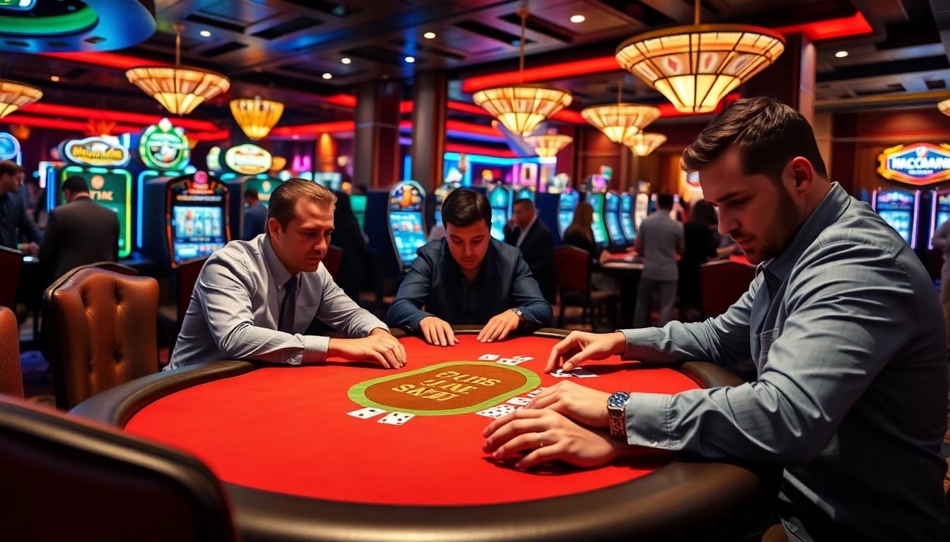 Bermain di meja poker di wdbos125.com, menampilkan pemain terfokus dan suasana kasino yang mewah.
