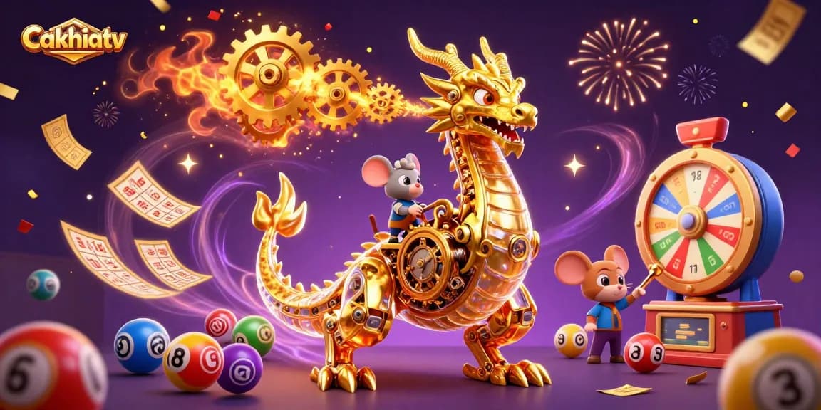 Cakhiatv showcases a golden dragon with gears, surrounded by colorful lottery balls, creating a vibrant gambling scene.