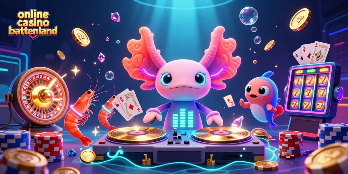 Celebrate winnings at an exciting online casino buitenland with vibrant axolotl DJ and sparkling game elements.