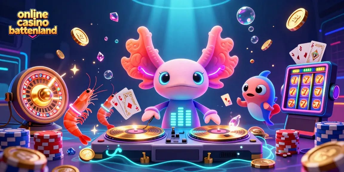 Celebrate winnings at an exciting online casino buitenland with vibrant axolotl DJ and sparkling game elements.