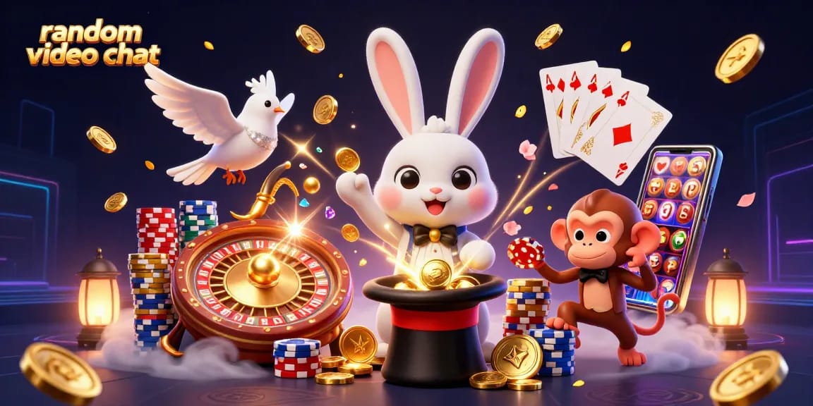 Engage in random video chat with vibrant characters in a casino setting, featuring a magician, dove, and monkey.