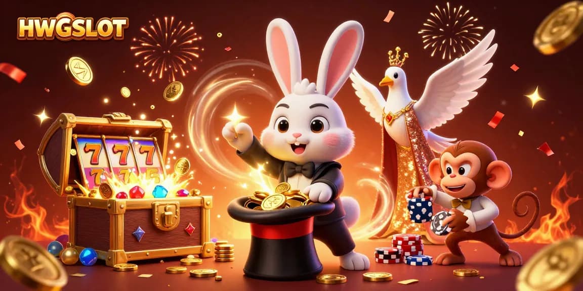 Experience thrilling slots with HWGSLOT, featuring a magician rabbit and poker chips bursting with excitement.