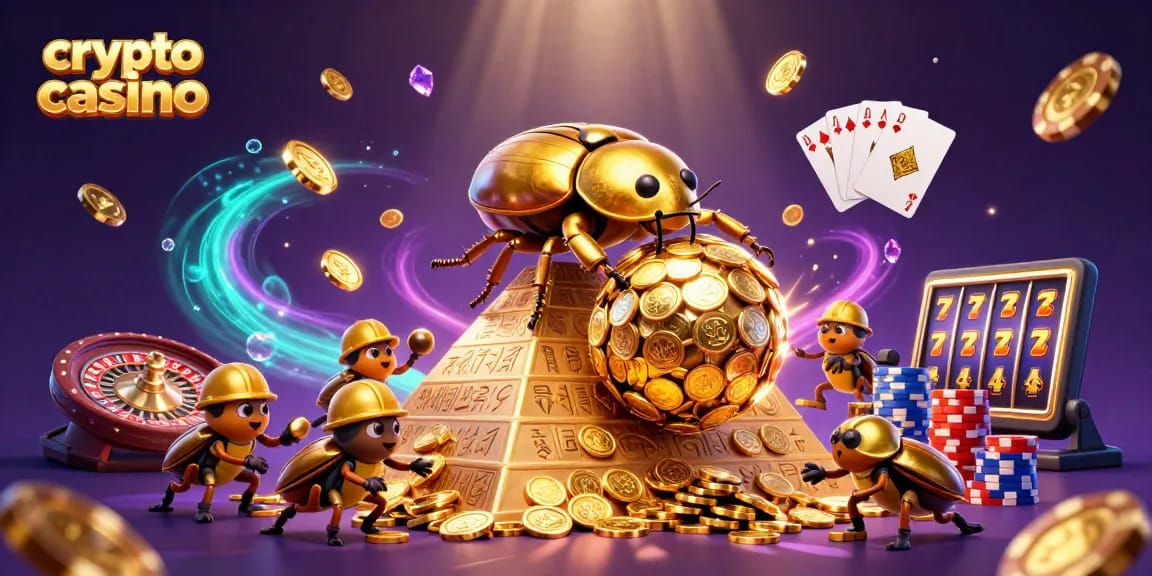 Scopri il crypto casino: simboli di fortuna e vincite dorate in un'illustrazione vivace.