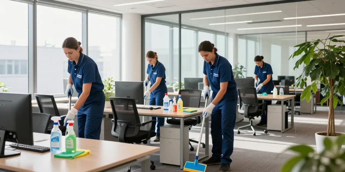 Professionelle Gebäudereinigung Düsseldorf mit Reinigungsteam bei der Arbeit in einem modernen Büro.