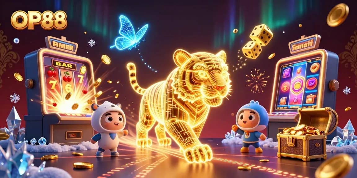 Experience OP88's thrilling casino landscape with a dynamic golden tiger and vibrant gaming elements.
