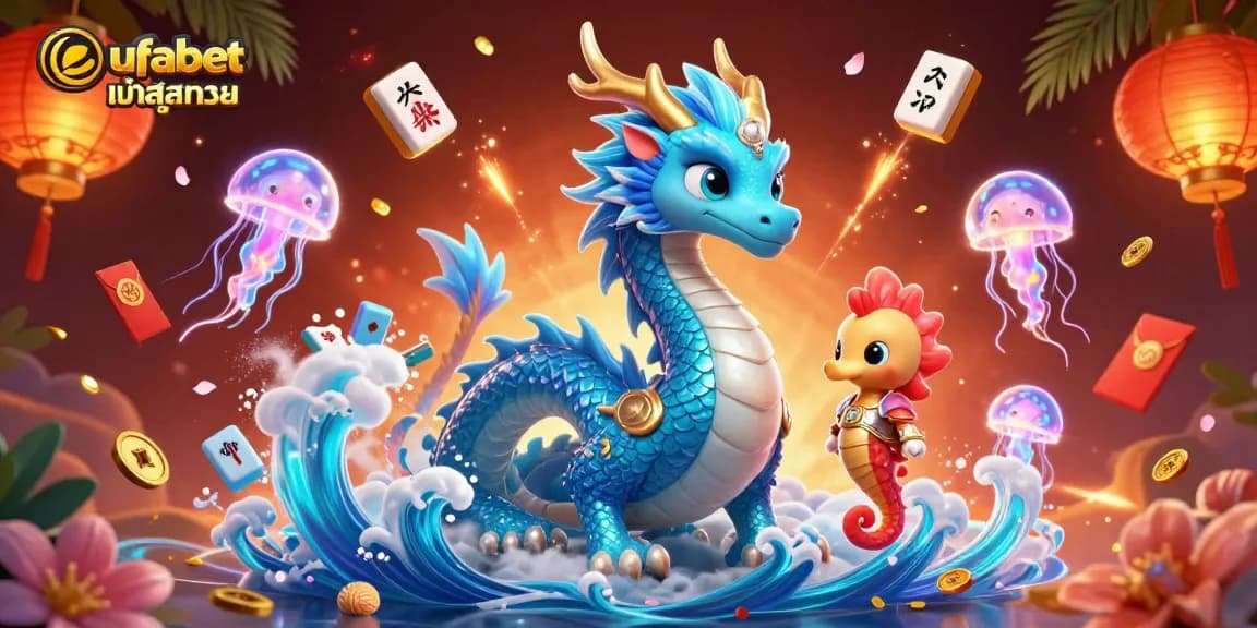Enter the thrilling world of ufabet เข้าสู่ระบบ with a vibrant scene of a water dragon and seahorse knight.