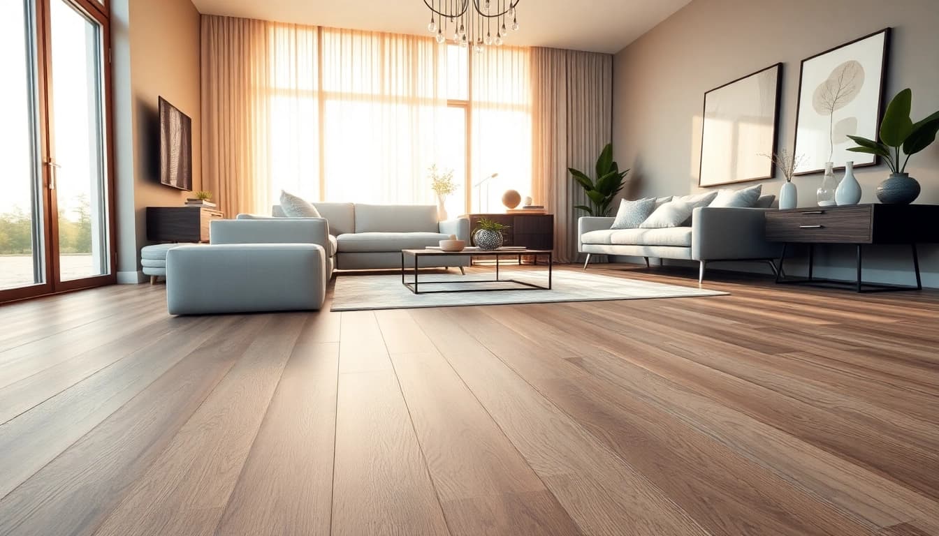 Transforming a living area with quality vinyl flooring featuring rich taupe tones and smooth textures.