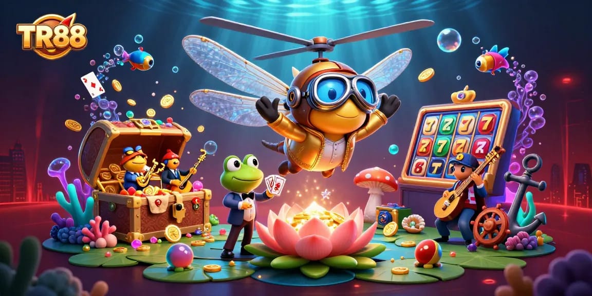 Experience high-stakes excitement at TR88 as dragonfly pilot and frog croupier engage in thrilling casino games.