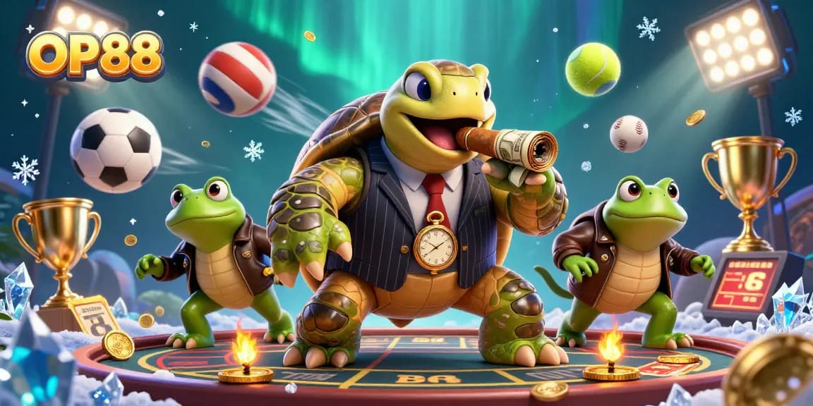 Engage in thrilling gaming action at OP88 with stunning visuals featuring a cartoon turtle and bullfrog enforcers.