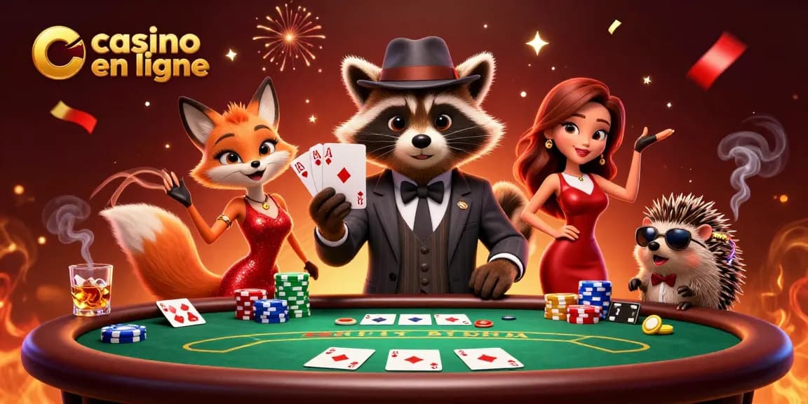 Visuel captivant de casino en ligne avec un raton laveur en costume, une renarde en robe pailletée, et un hérisson garde de sécurité.