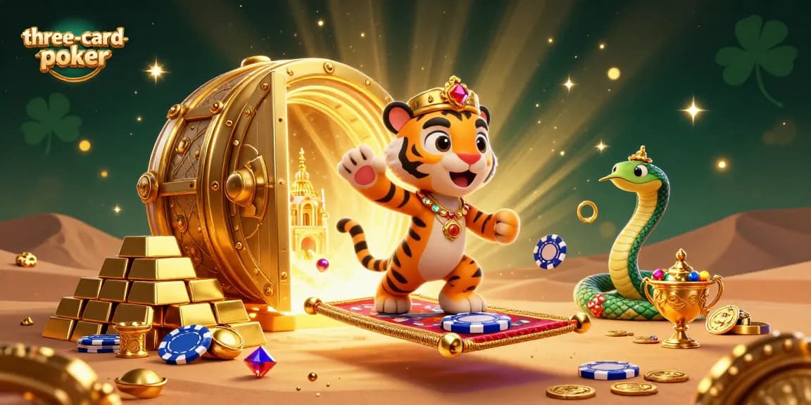 Engage in three-card-poker with a vibrant illustration featuring a magical genie and gold treasures.