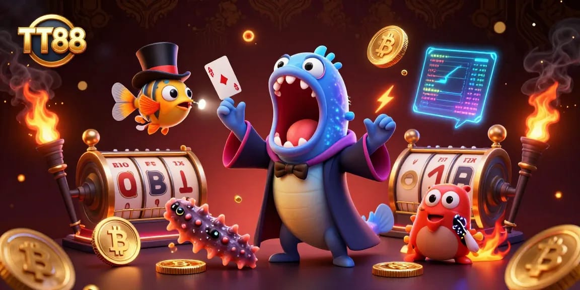 TT88 highlights fun slots with engaging characters performing tricks in a vibrant casino scene.
