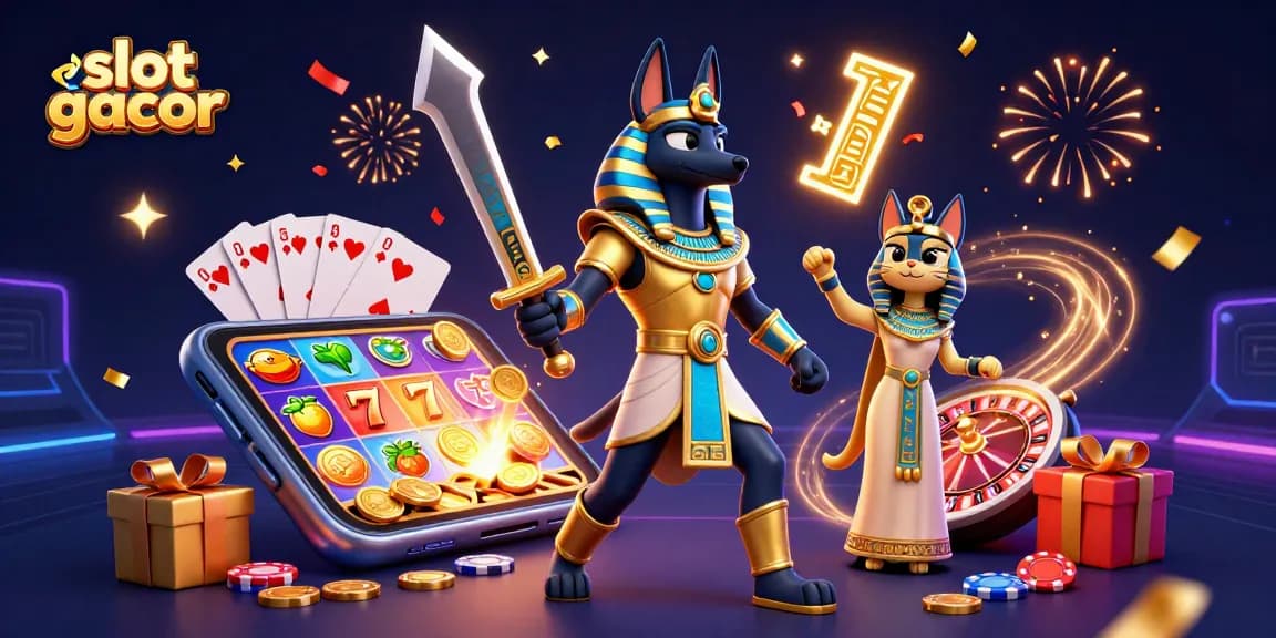 Engage in slot gacor excitement with Anubis and Bastet amidst colorful slot game action.